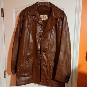 Vintage Sears The Leather Shop Mens 44 Tall Leather Blazer Brown Zip-Out Lining